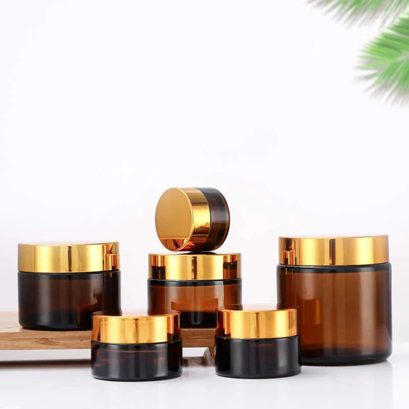 Amber Glass Jar Metal Golden Lid Light-Protection Skincare Face Cream Mask Lotion Gel Powder Bottle Pots Candle Refill Container