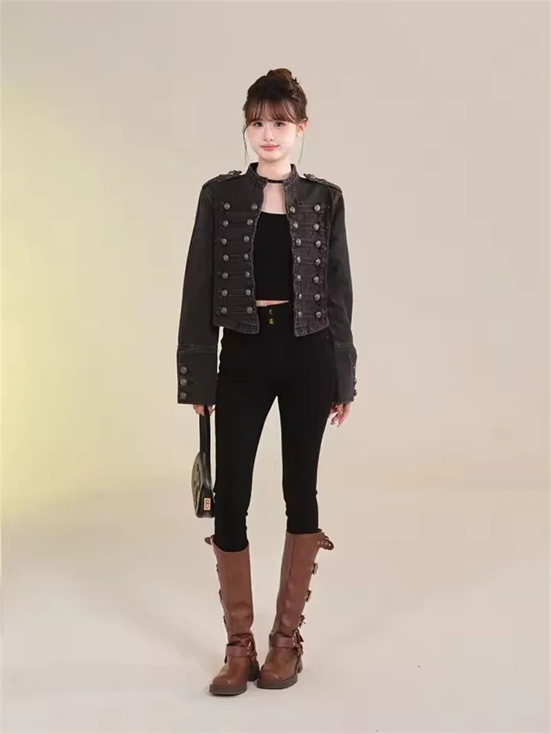 Women's American Retro Denim Military Inspired Cropped Denim Jacket Long Sleeve Stand Collar Jeans Coat Casual Motorcycle Coat