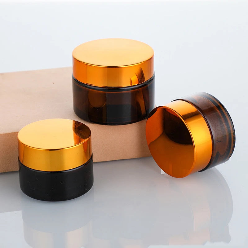 Amber Glass Jar Metal Golden Lid Light-Protection Skincare Face Cream Mask Lotion Gel Powder Bottle Pots Candle Refill Container