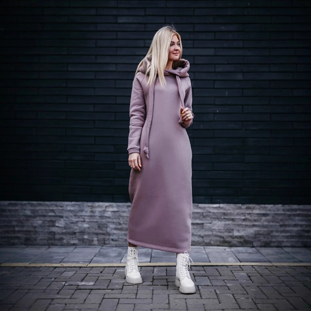 Women Fashion  New Loose Large Knitted Hooded Autumn Winter Long Dress Velvet Hoodie Dress Casual Dress Splicing Warm Dress