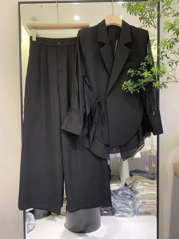 White Lace Up Shirt Splicing Suit Coat Wide Leg Pants Two Piece Sets Women Outfits Spring Summer High-end Fashion Women Set