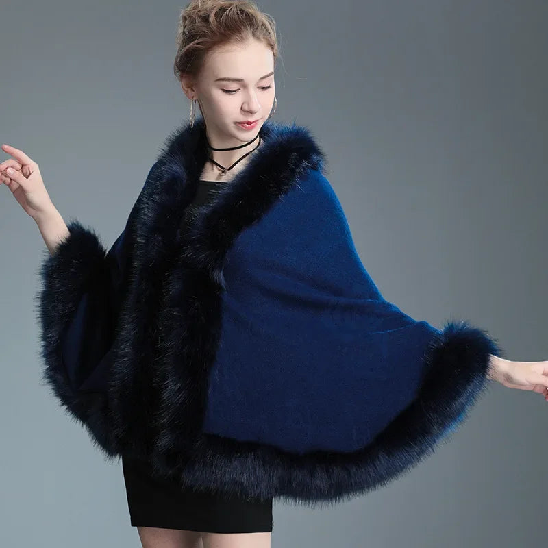 13 Colors Faux Fox Fur Collar Wool Cashmere Poncho Capes New Winter Women Black White Knitted Cardigan Loose Emboss Shawl Coat