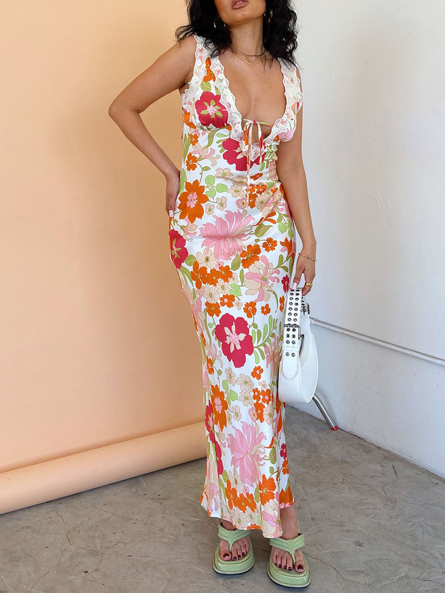 Women Slip Dress Sleeveless V-neck Tie-up Flower Print Long Dress Lace Patchwork Summer Dress for Cocktail Party