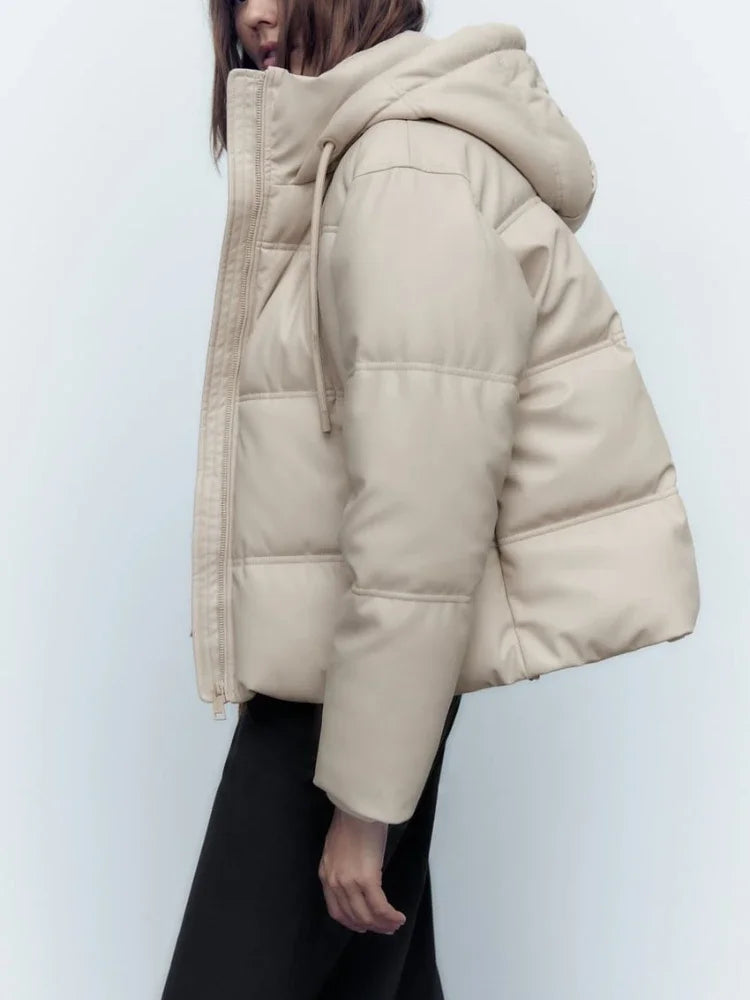 Women's Autumn Winter New Thickened Warm PU Imitation Leather Short Hooded Padded Jacket Top Faux Leather Parka Jacket Coat