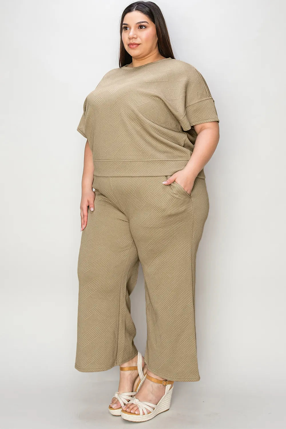 Double Take Full Size Texture Short Sleeve Top and Pants Set - Elvaré Store