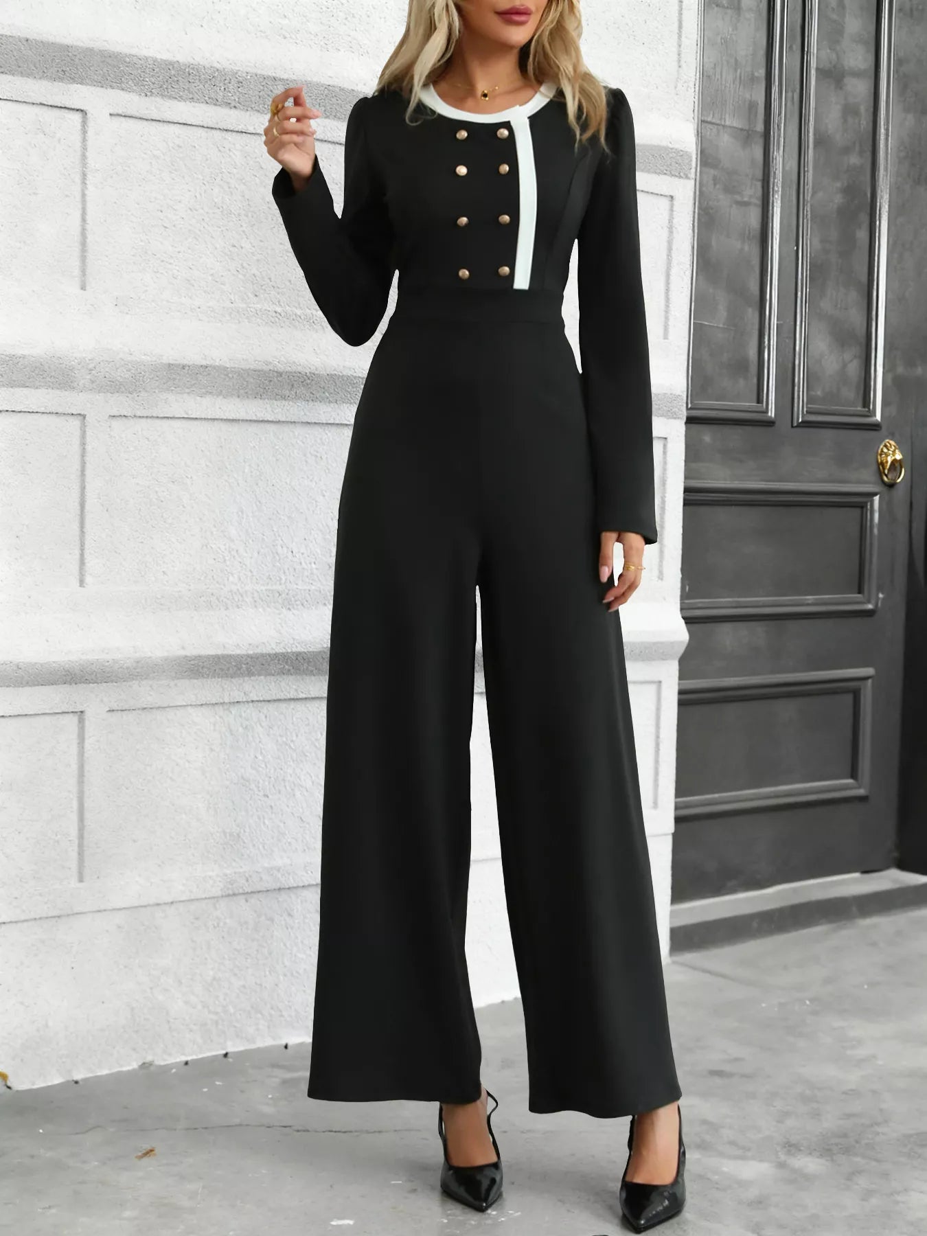 Button-Decor Long Sleeve Wide Leg Jumpsuit - Elvaré Store