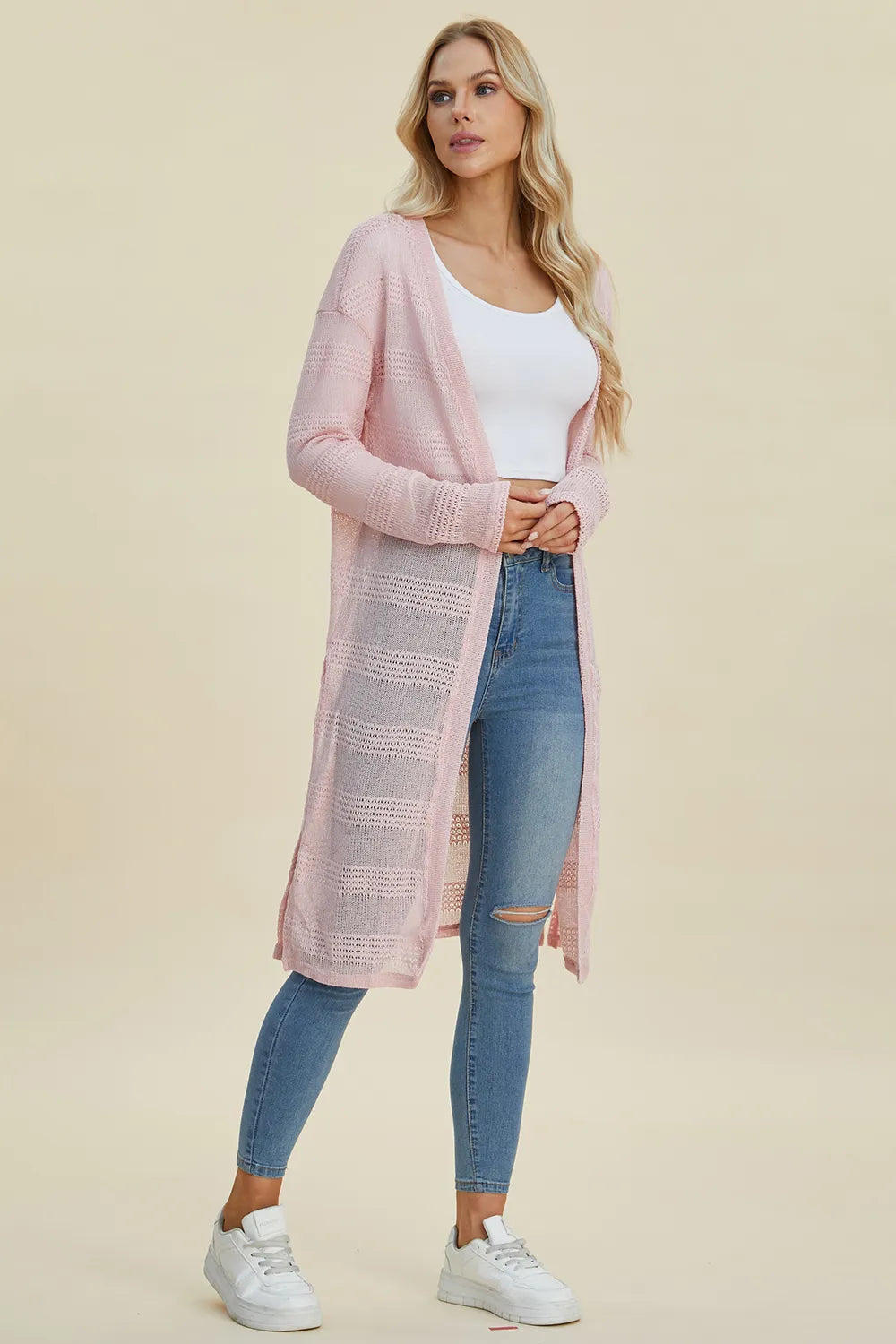 Double Take Full Size Open Front Longline Cardigan. - Elvaré Store
