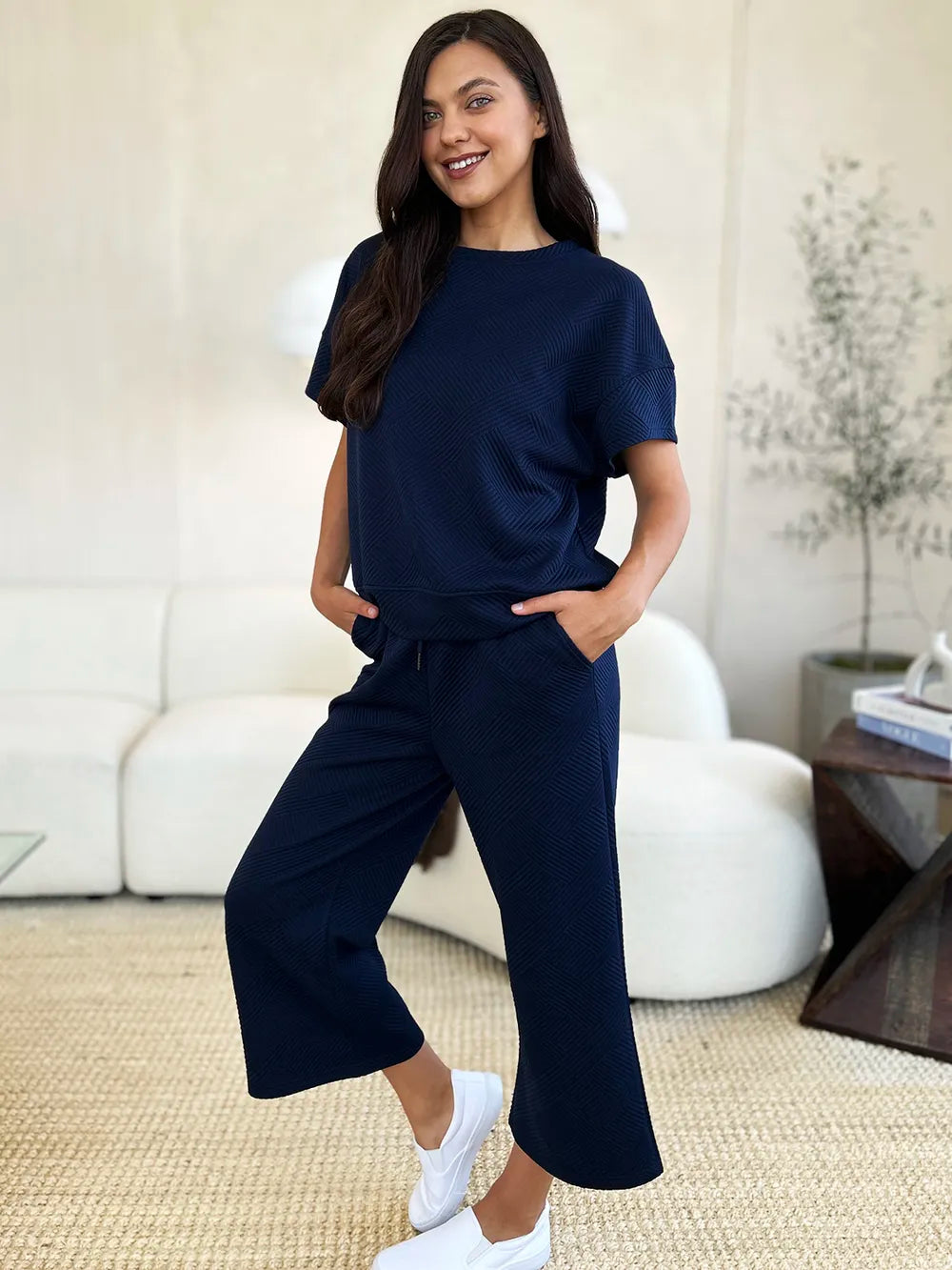 Double Take Full Size Texture Short Sleeve Top and Pants Set - Elvaré Store