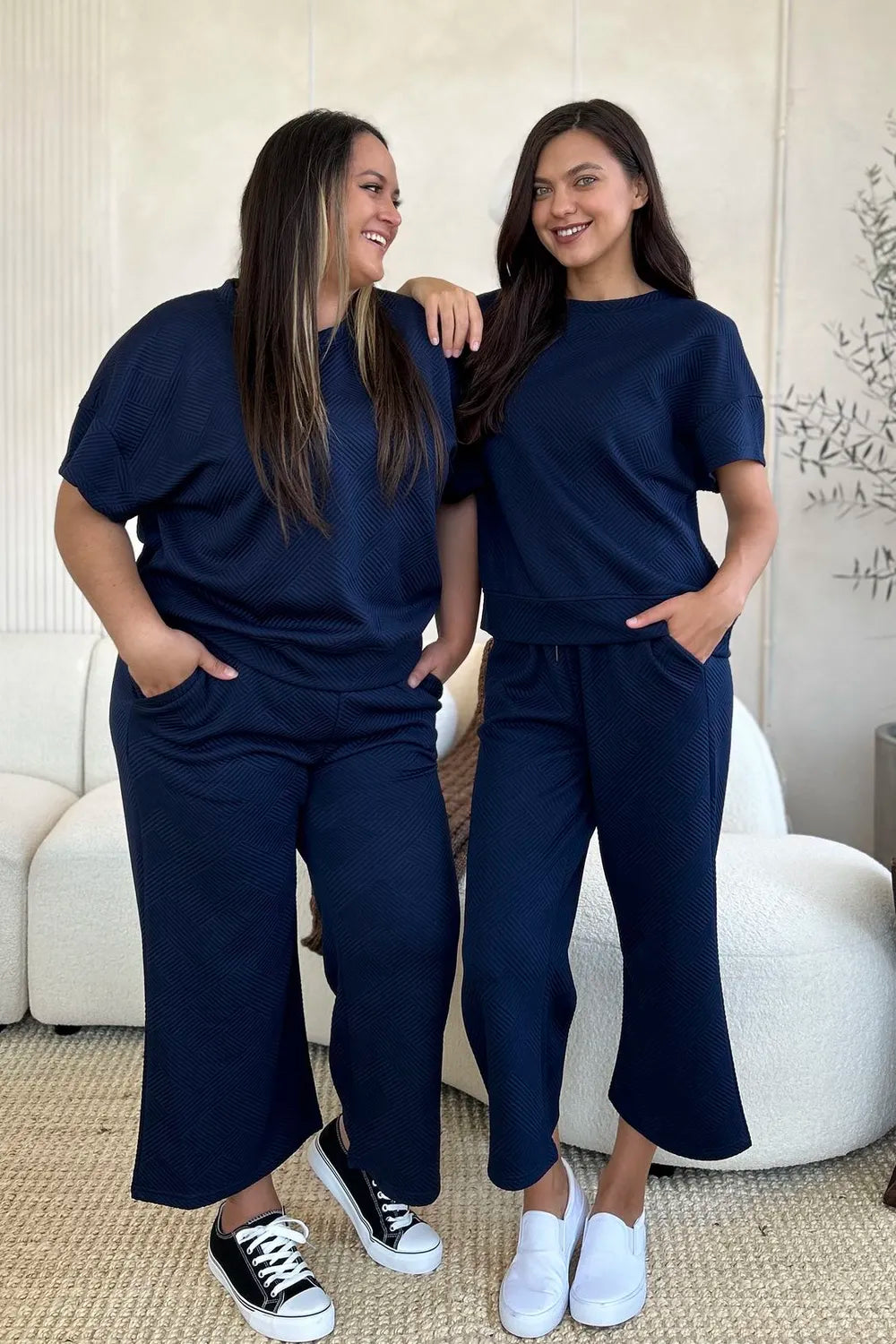 Double Take Full Size Texture Short Sleeve Top and Pants Set - Elvaré Store