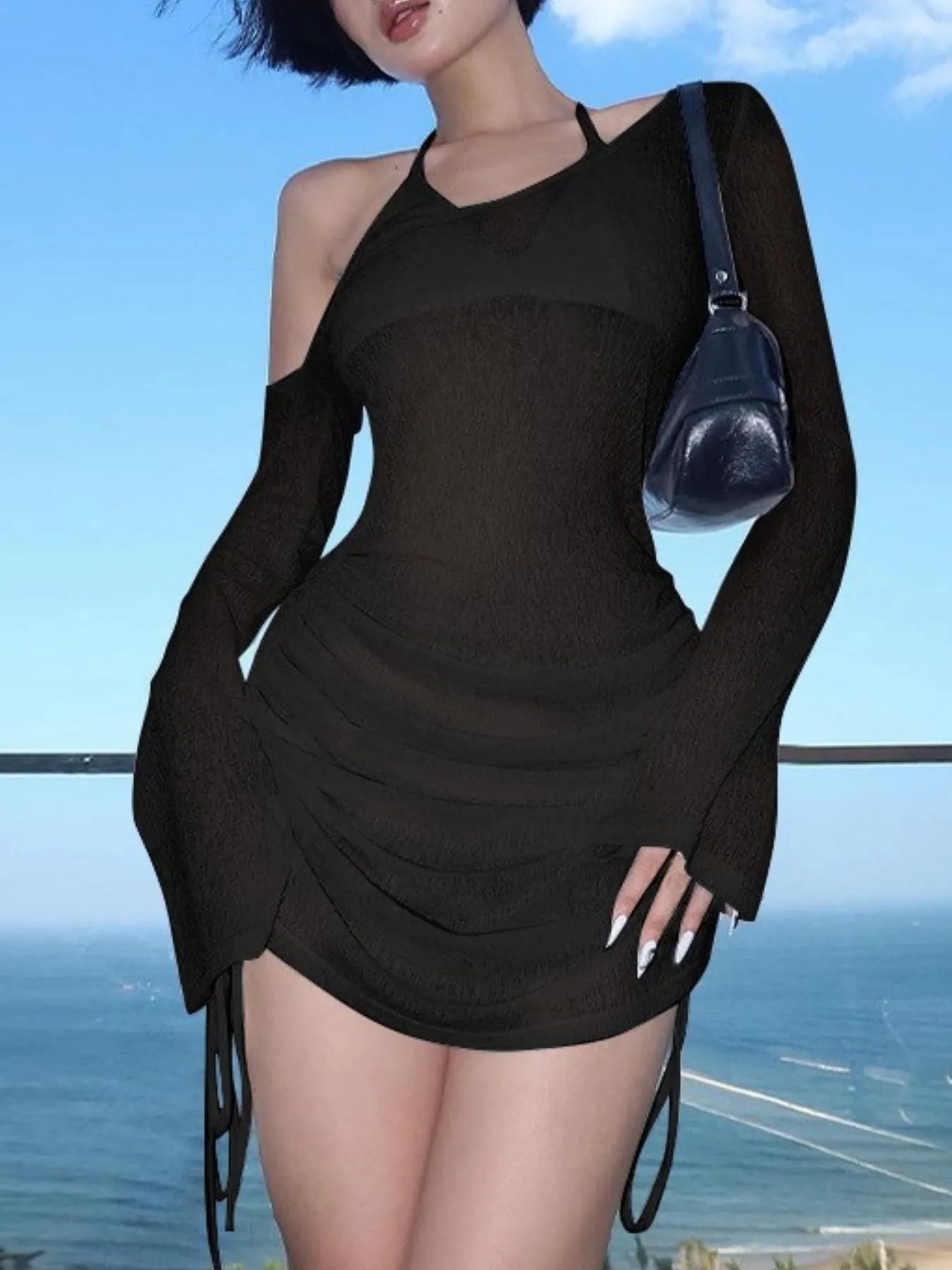One-Shoulder Bell Sleeve Ruched Mini Cover-Up Dress - Elvaré Store