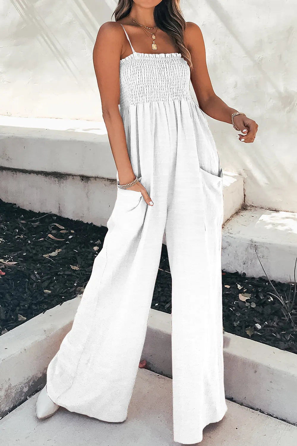 Smocked Spaghetti Strap Wide Leg Jumpsuit - Elvaré Store