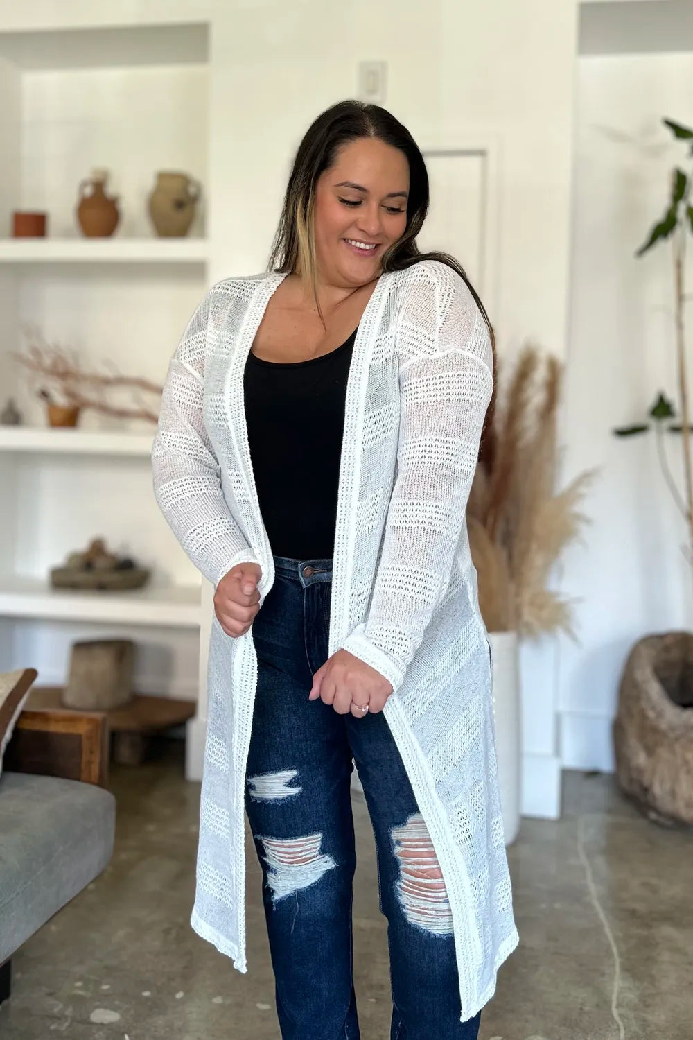 Double Take Full Size Open Front Longline Cardigan. - Elvaré Store