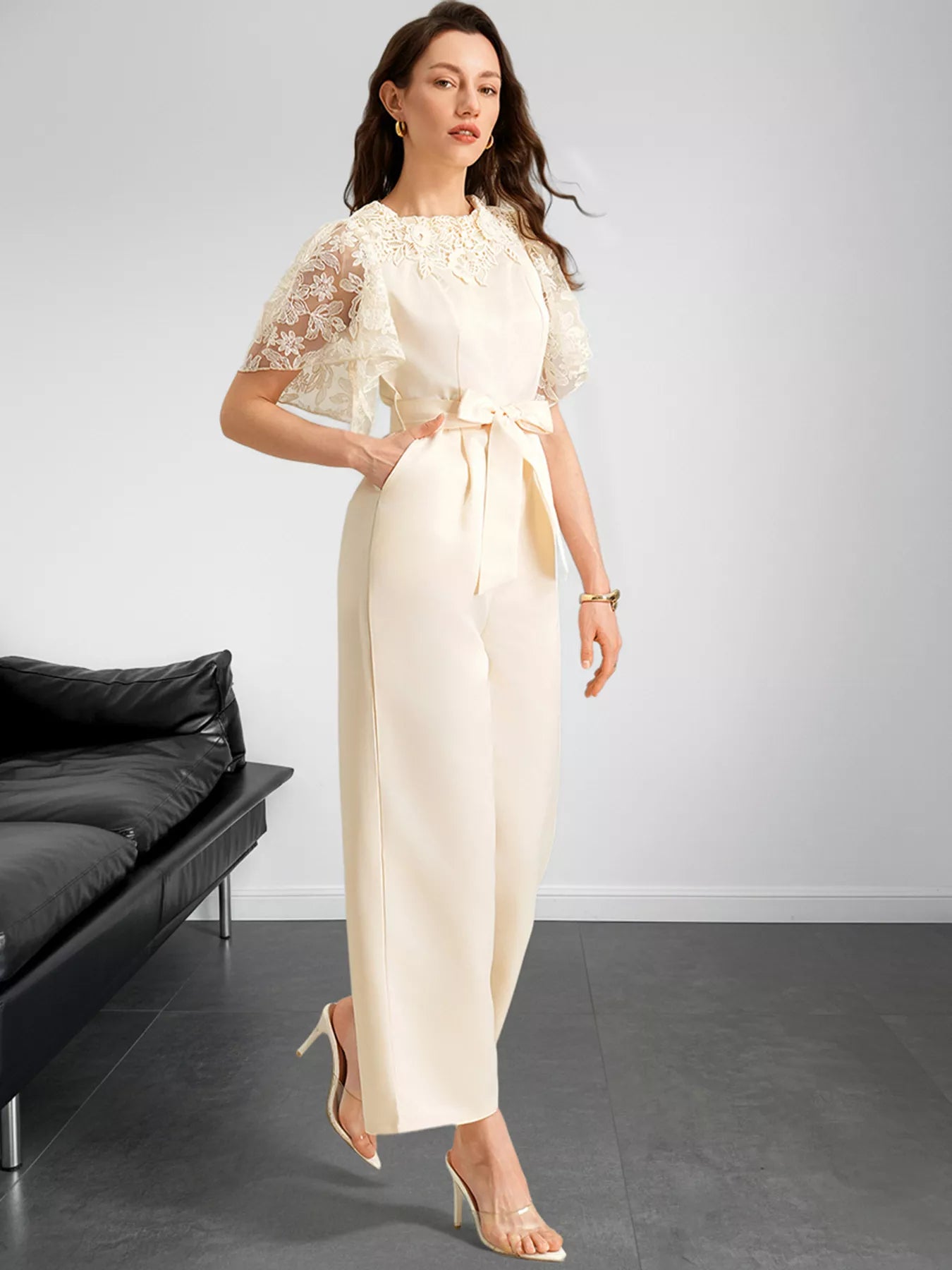 Lace Trim Belted Wide Leg Jumpsuit - Elvaré Store