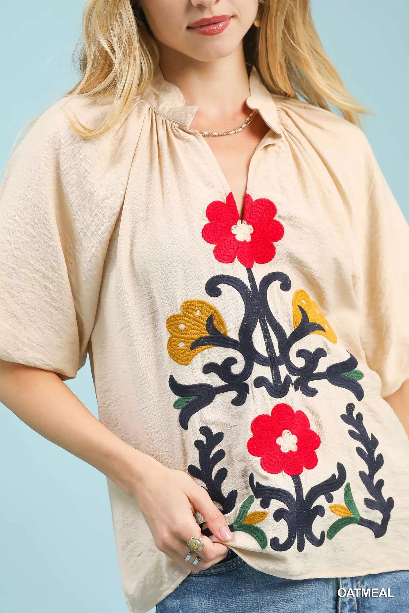 Umgee Embroidered Boho Puff Sleeve Blouse - Elvaré Store
