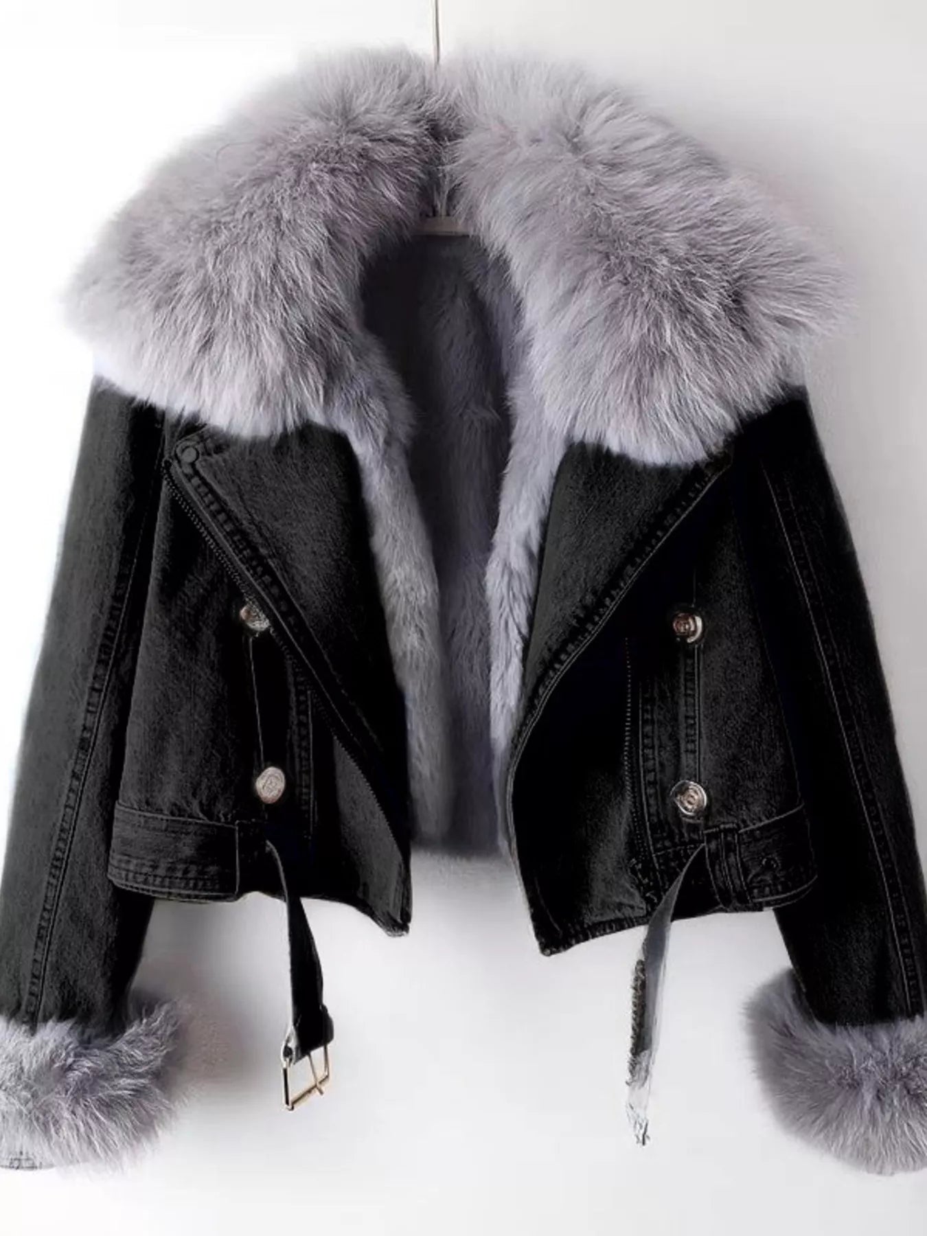 Full Size Faux Fur Collar Denim Jacket Plus Size - Elvaré Store
