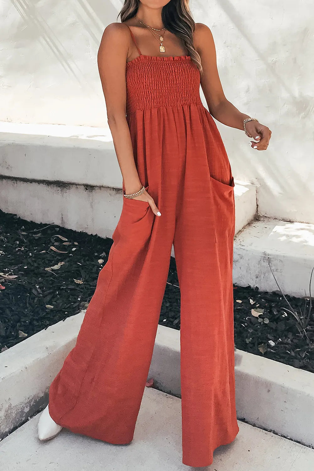 Smocked Spaghetti Strap Wide Leg Jumpsuit - Elvaré Store