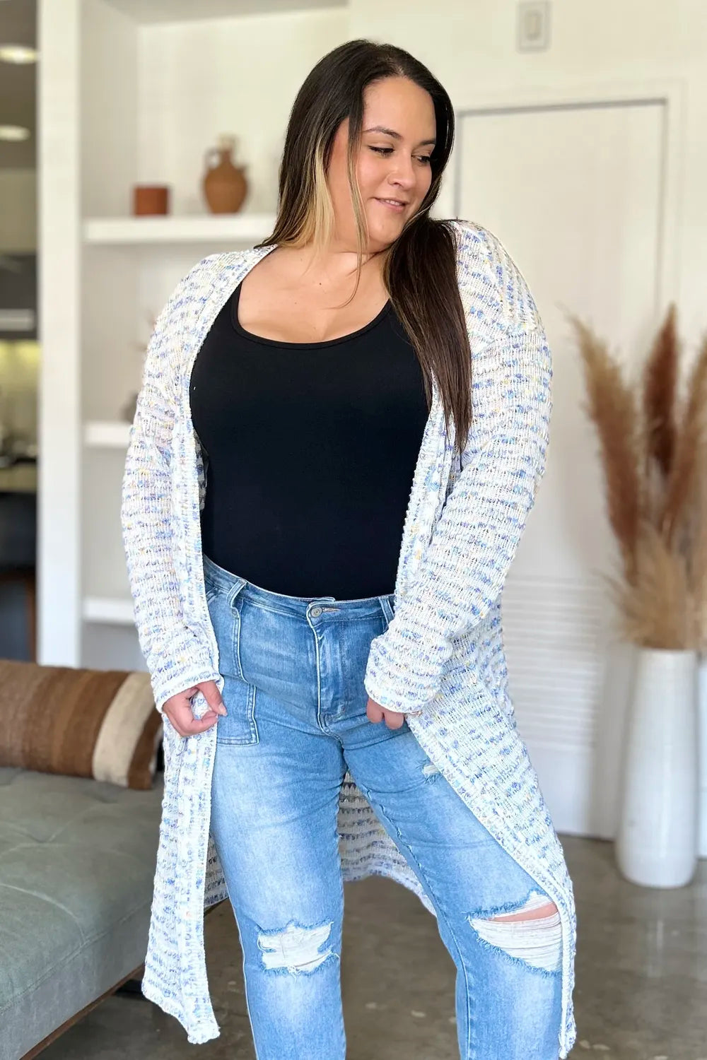 Double Take Full Size Open Front Longline Cardigan. - Elvaré Store