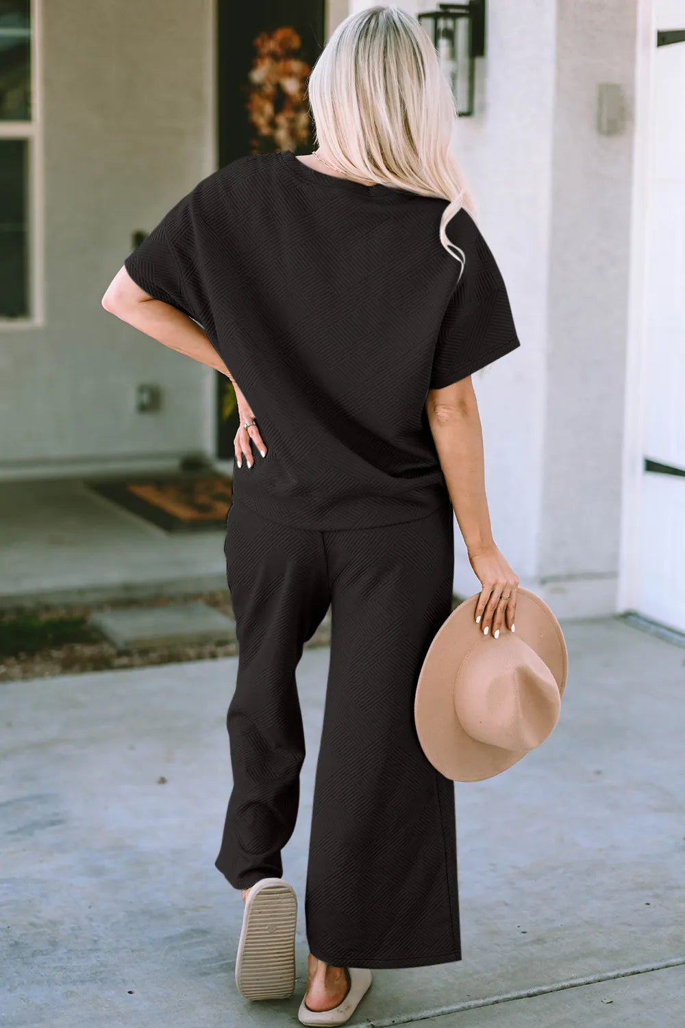 Double Take Full Size Texture Short Sleeve Top and Pants Set - Elvaré Store