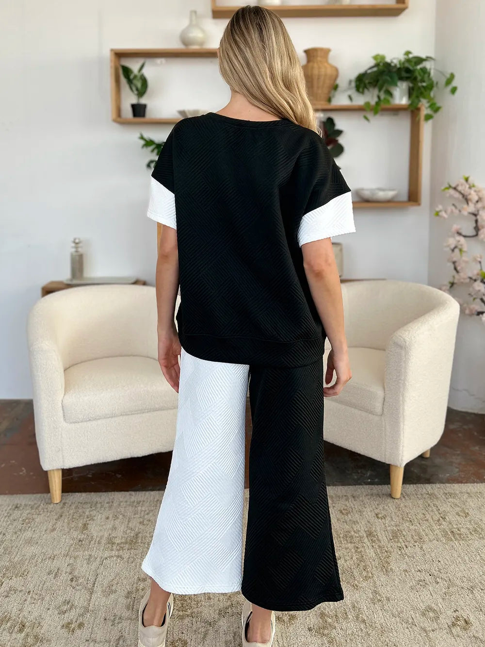 Double Take Full Size Texture Contrast T-Shirt and Wide Leg Pants Set - Elvaré Store
