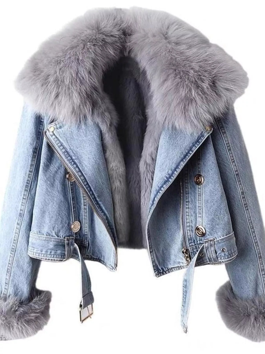 Full Size Faux Fur Collar Denim Jacket Plus Size - Elvaré Store
