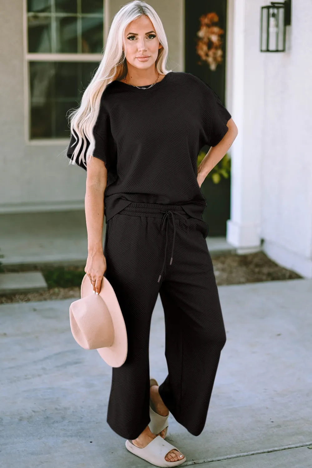 Double Take Full Size Texture Short Sleeve Top and Pants Set - Elvaré Store