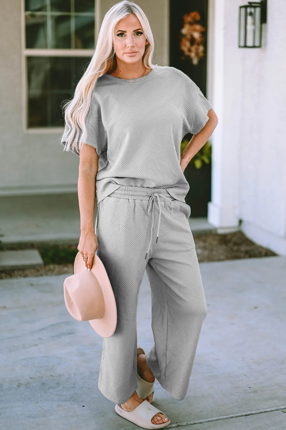 Double Take Full Size Texture Short Sleeve Top and Pants Set - Elvaré Store