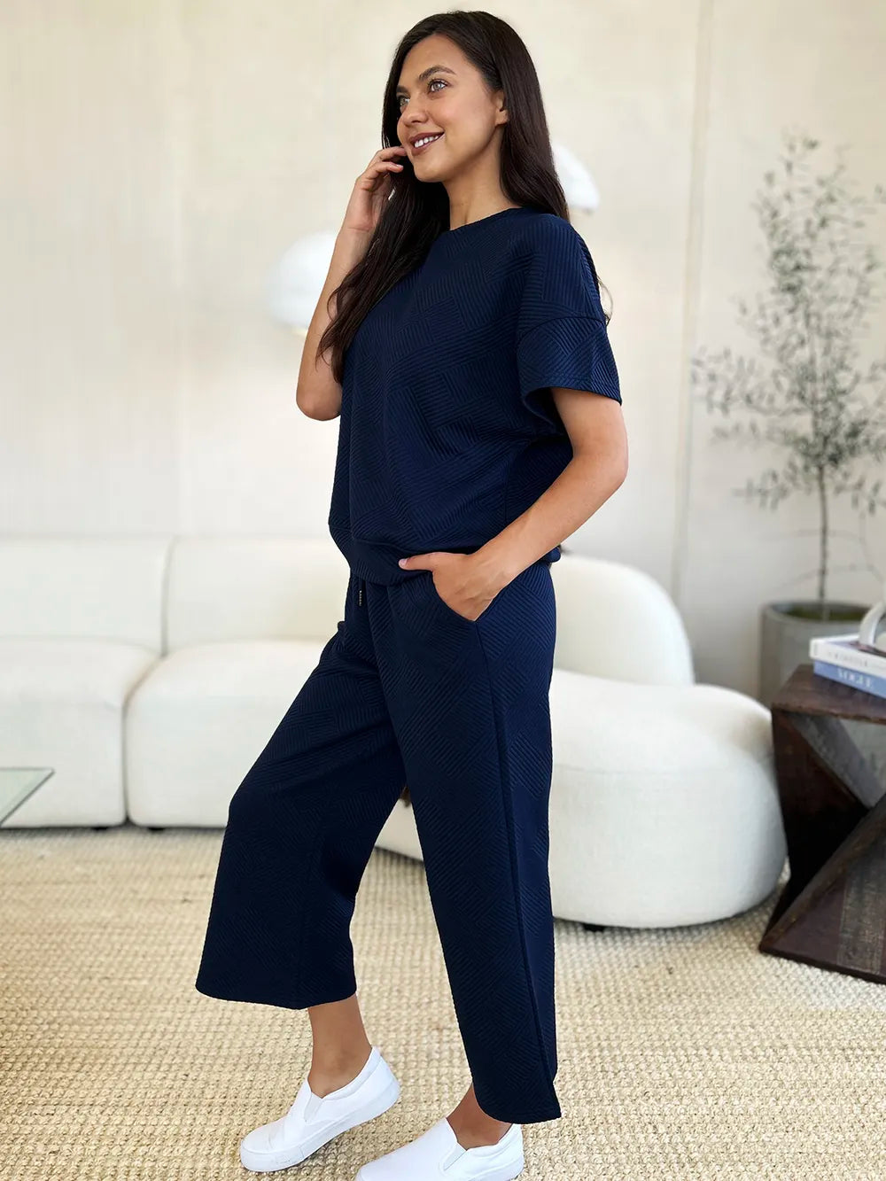 Double Take Full Size Texture Short Sleeve Top and Pants Set - Elvaré Store