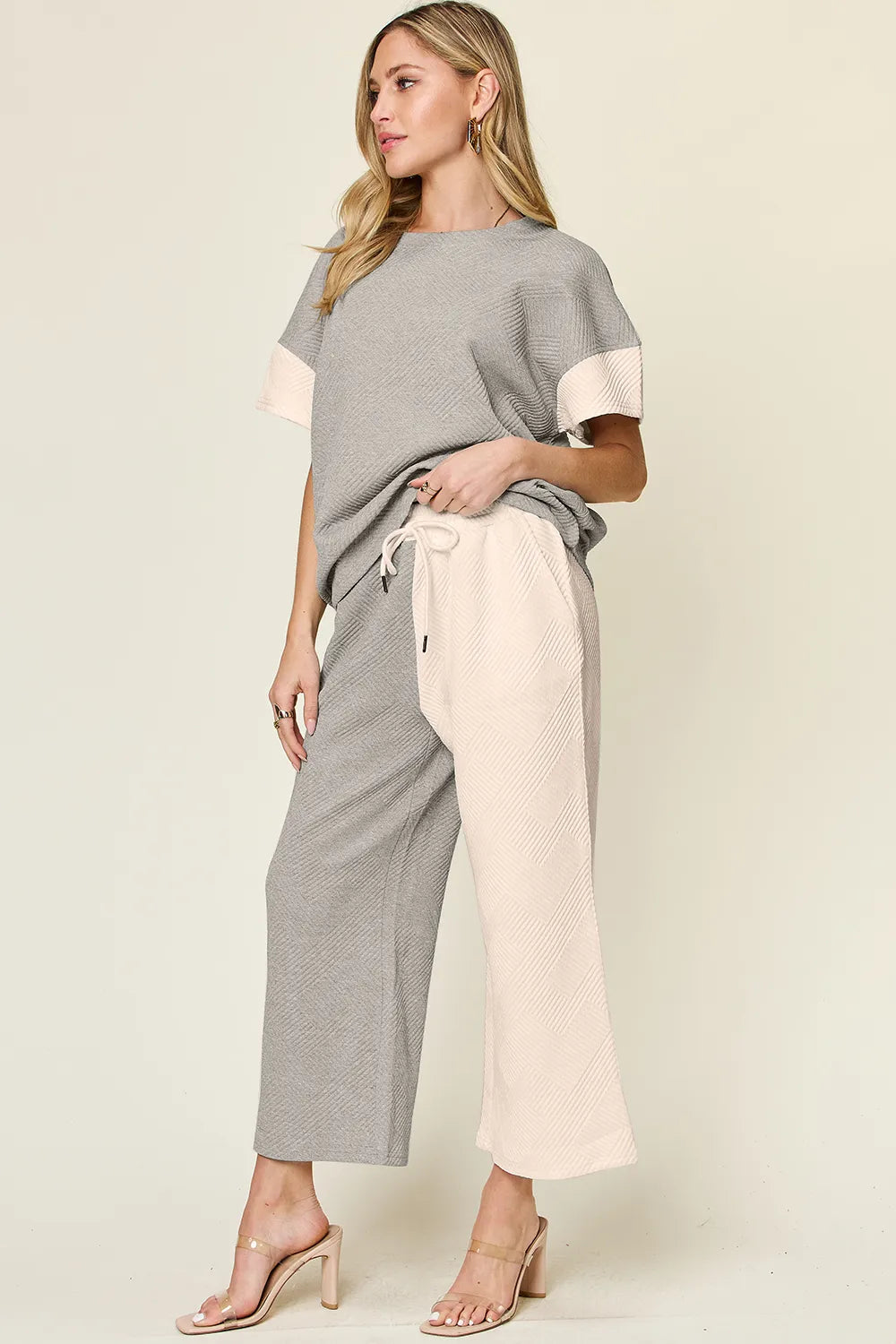 Double Take Full Size Texture Contrast T-Shirt and Wide Leg Pants Set - Elvaré Store