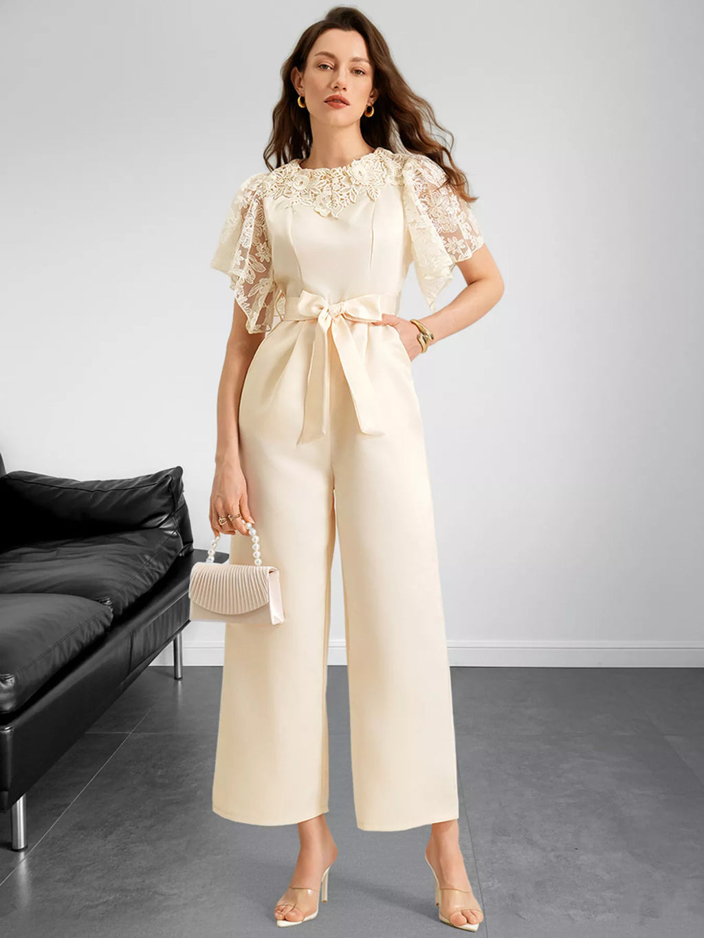 Lace Trim Belted Wide Leg Jumpsuit - Elvaré Store