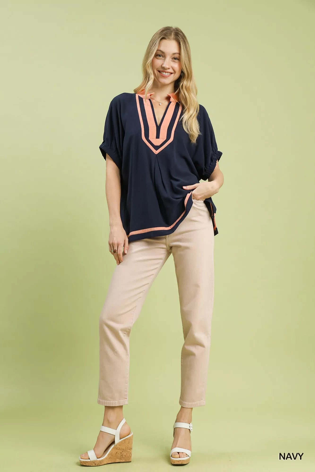 Umgee Linen Contrast Trim V-Neck Blouse - Elvaré Store