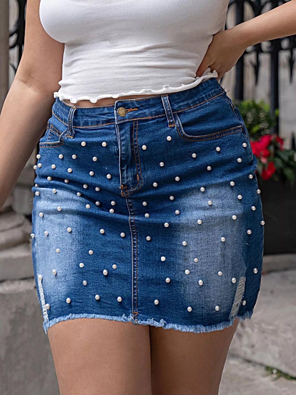Plus Size Pearl Embellished Denim Skirt - Elvaré Store