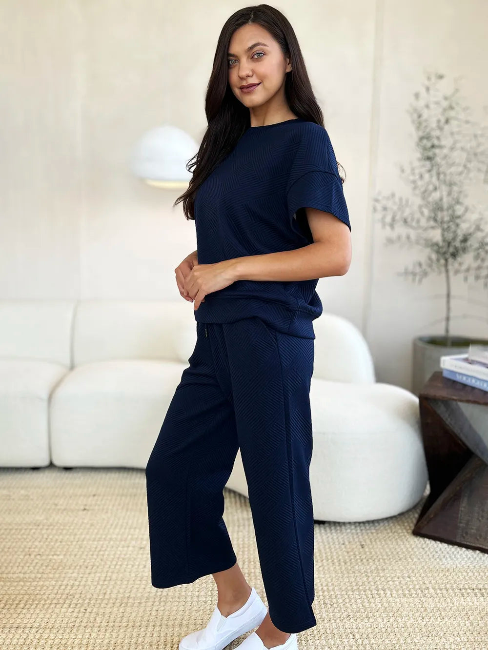 Double Take Full Size Texture Short Sleeve Top and Pants Set - Elvaré Store