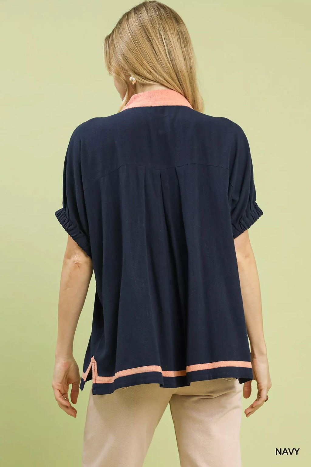 Umgee Linen Contrast Trim V-Neck Blouse - Elvaré Store