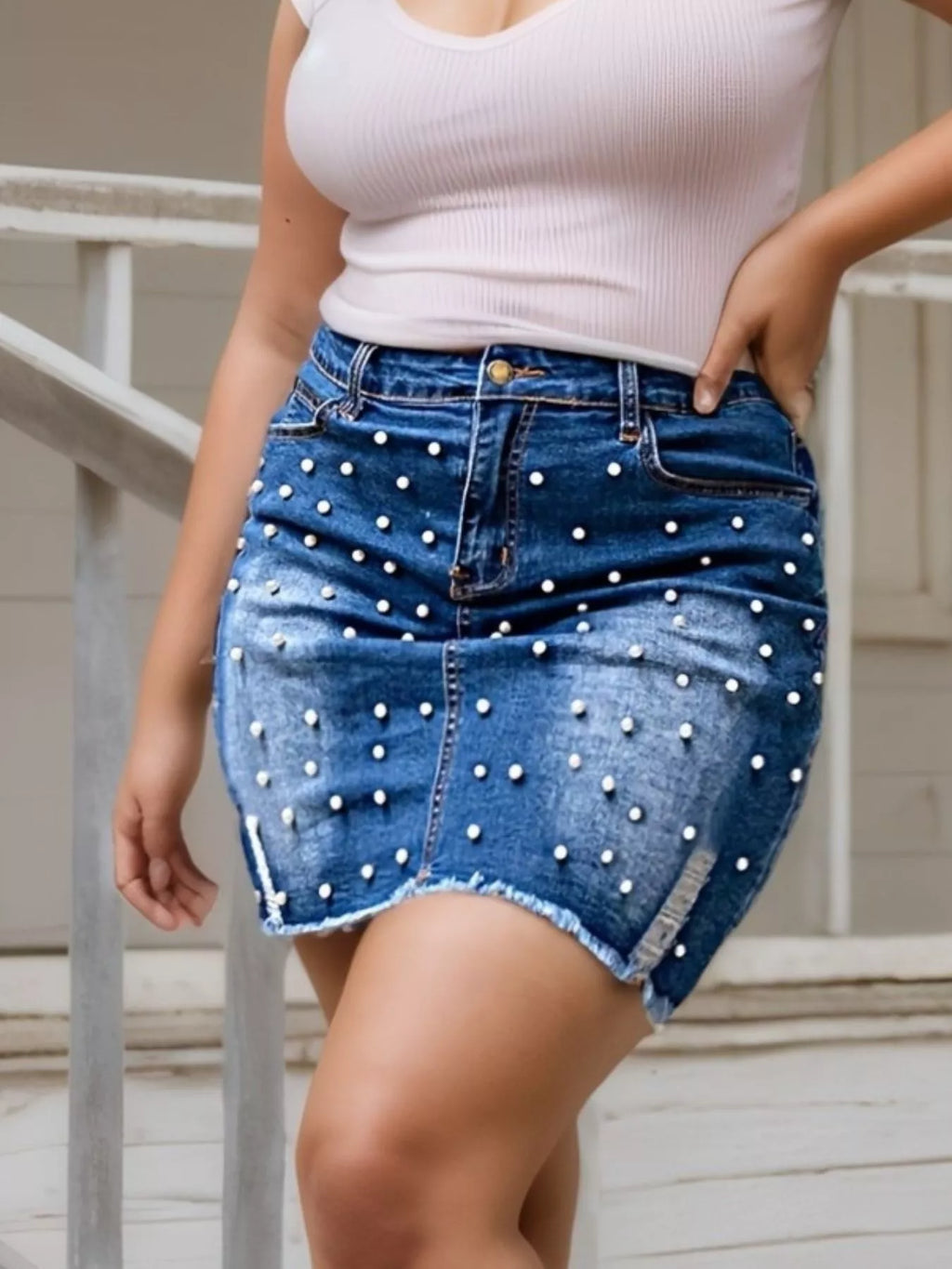 Plus Size Pearl Embellished Denim Skirt - Elvaré Store