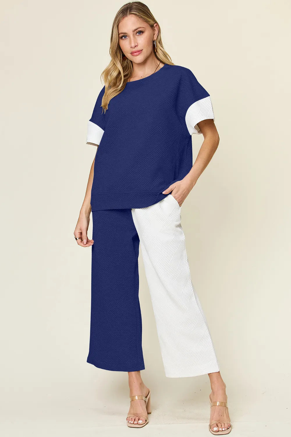 Double Take Full Size Texture Contrast T-Shirt and Wide Leg Pants Set - Elvaré Store