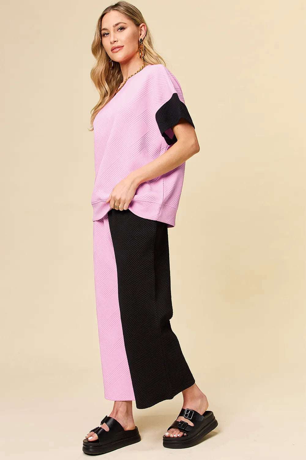 Double Take Full Size Texture Contrast T-Shirt and Wide Leg Pants Set - Elvaré Store