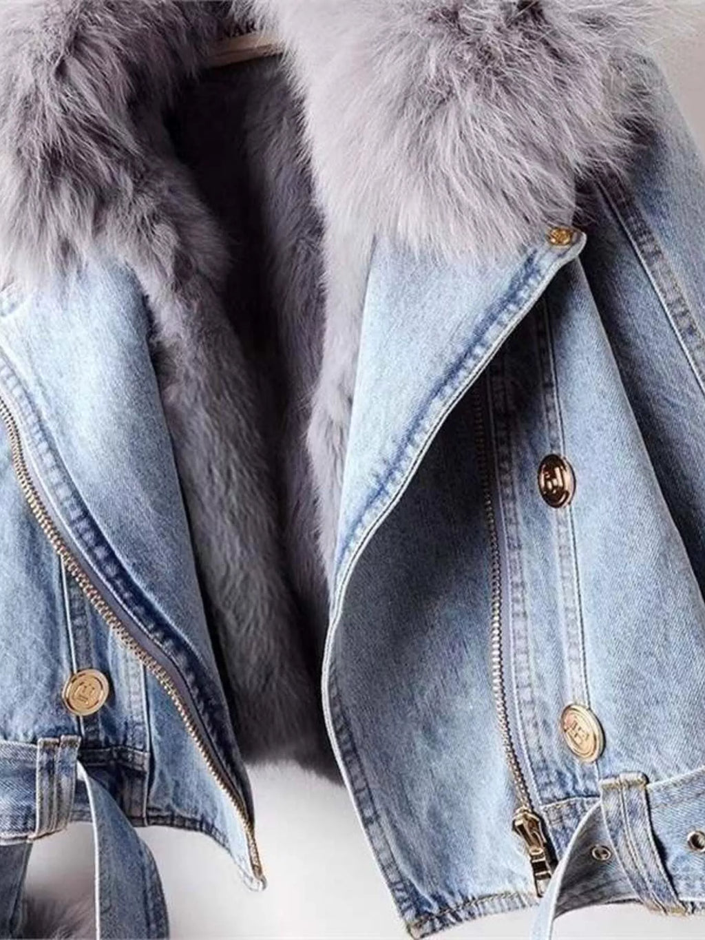 Full Size Faux Fur Collar Denim Jacket Plus Size - Elvaré Store