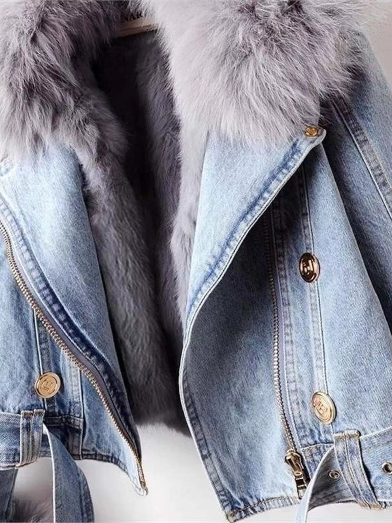 Full Size Faux Fur Collar Denim Jacket Plus Size - Elvaré Store