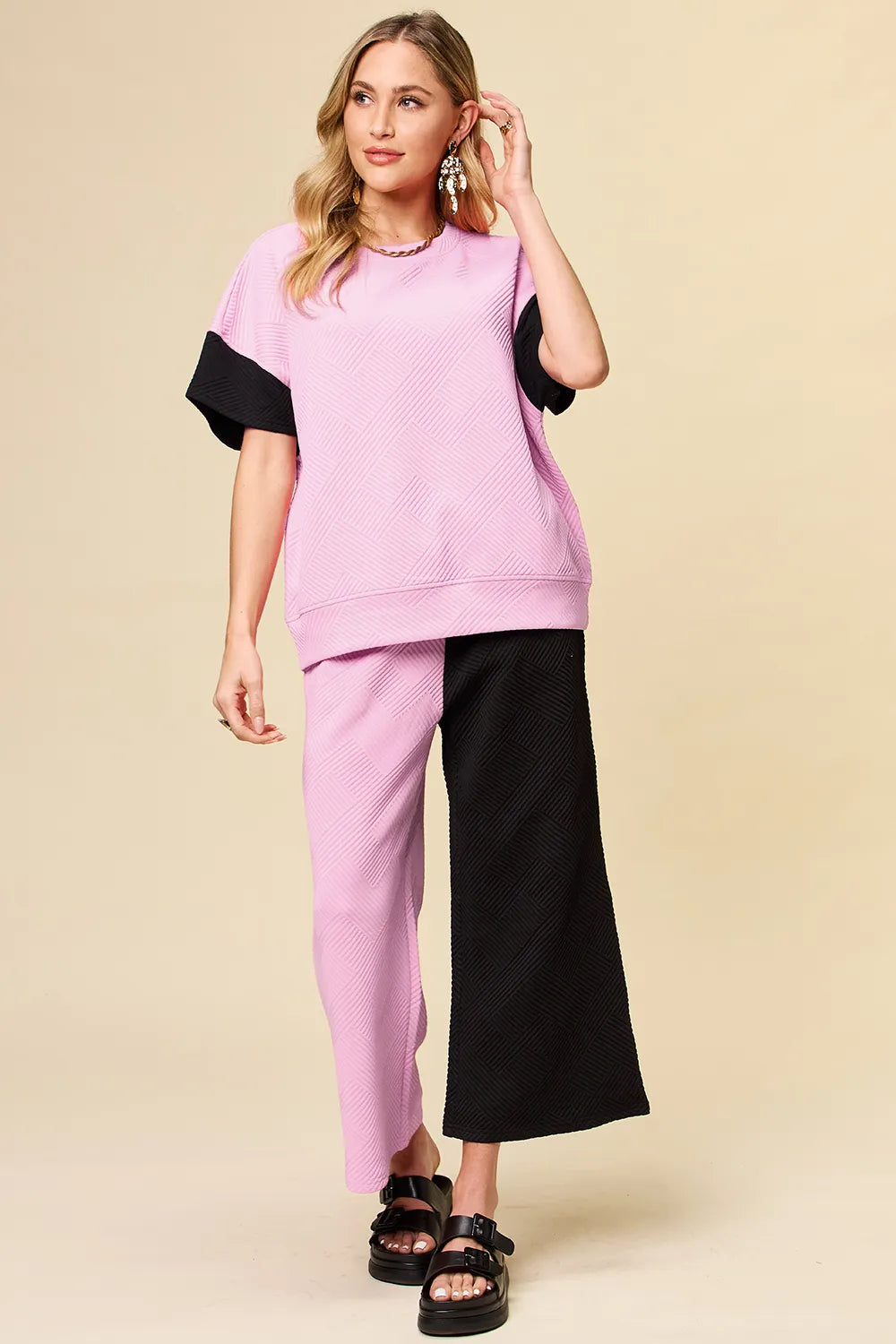 Double Take Full Size Texture Contrast T-Shirt and Wide Leg Pants Set - Elvaré Store