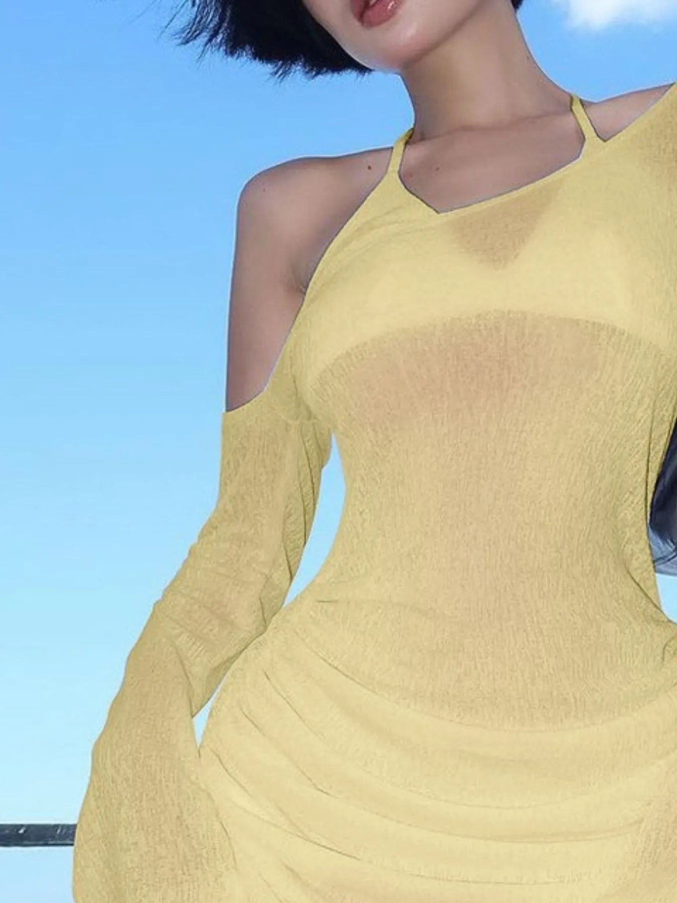 One-Shoulder Bell Sleeve Ruched Mini Cover-Up Dress - Elvaré Store