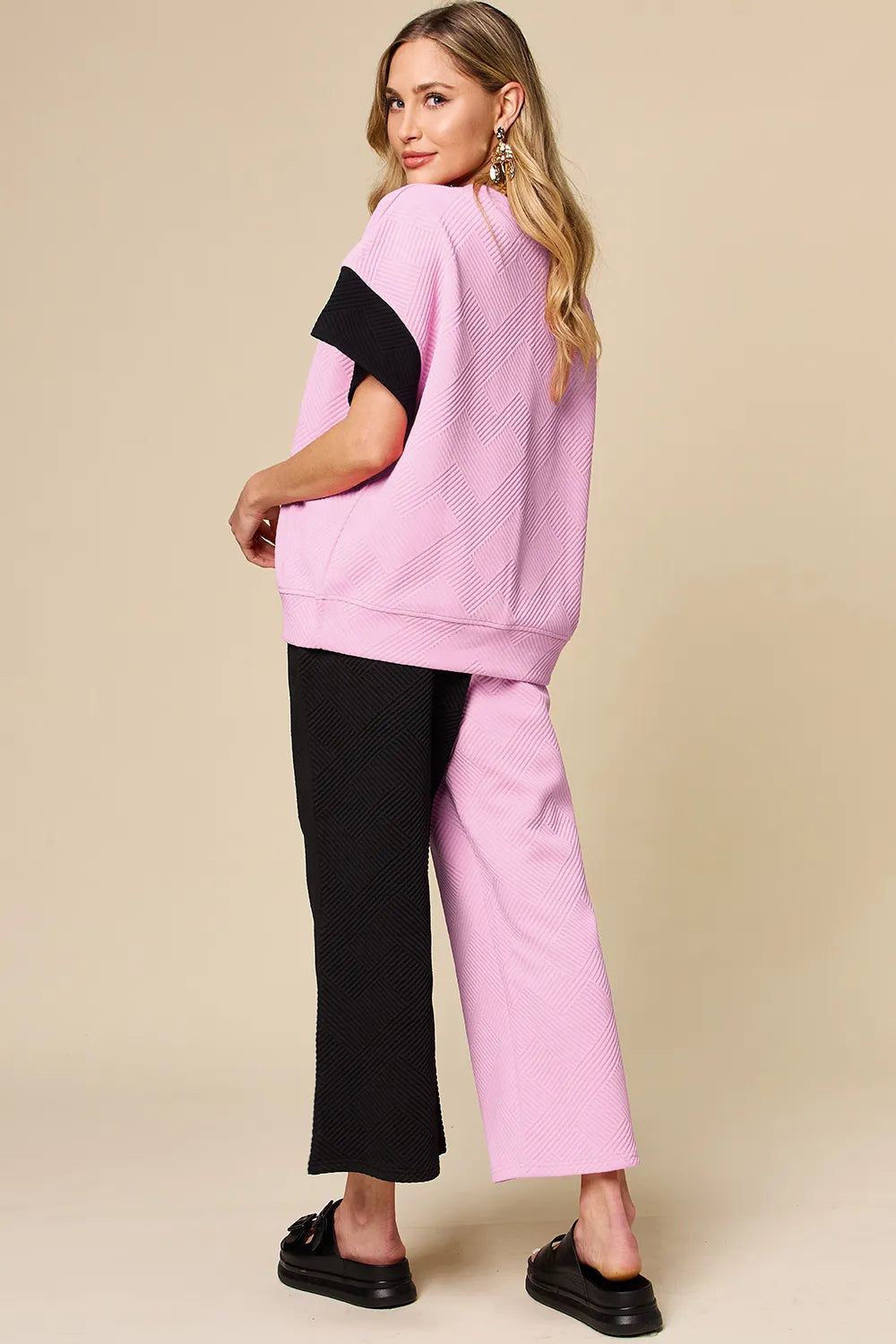 Double Take Full Size Texture Contrast T-Shirt and Wide Leg Pants Set - Elvaré Store