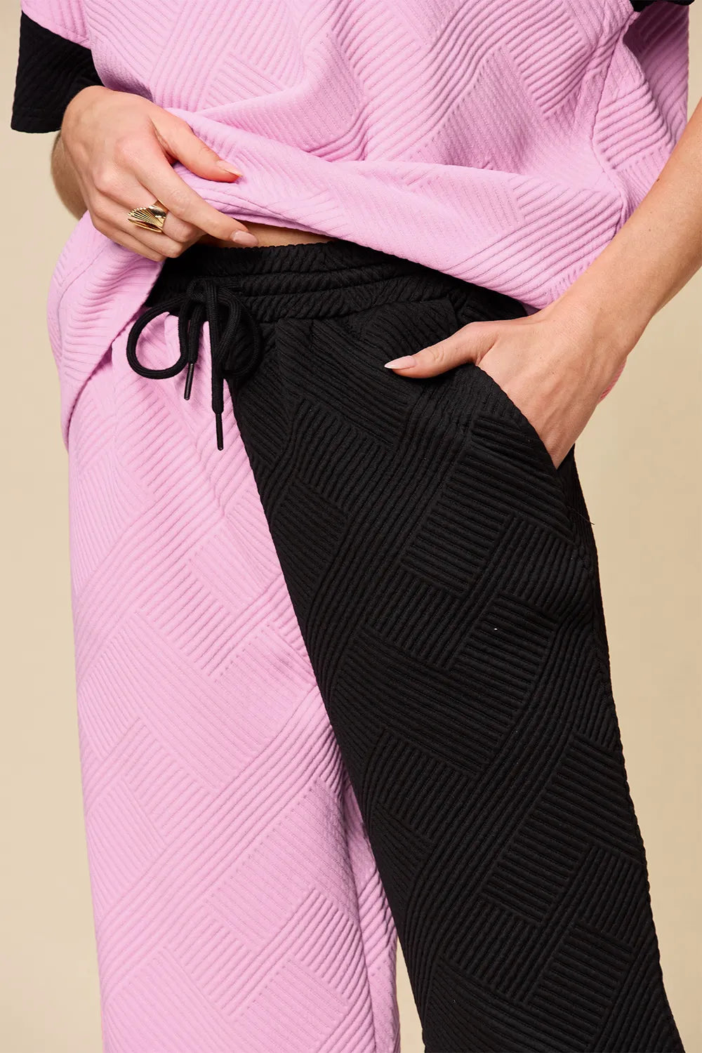 Double Take Full Size Texture Contrast T-Shirt and Wide Leg Pants Set - Elvaré Store