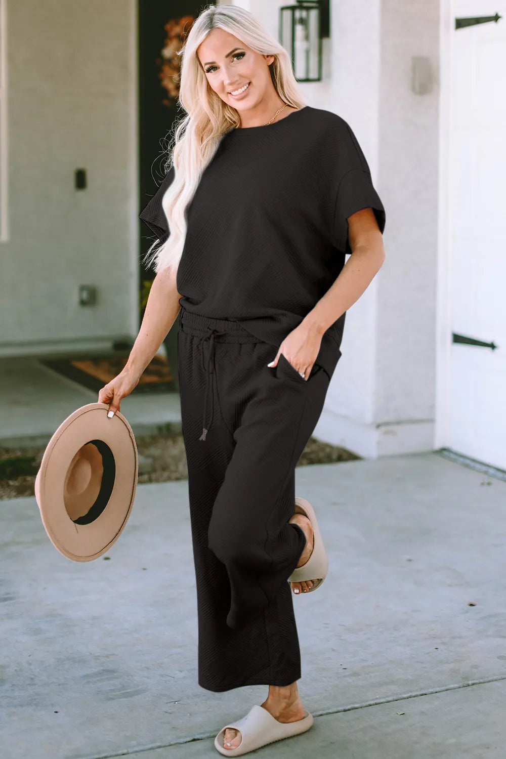 Double Take Full Size Texture Short Sleeve Top and Pants Set - Elvaré Store