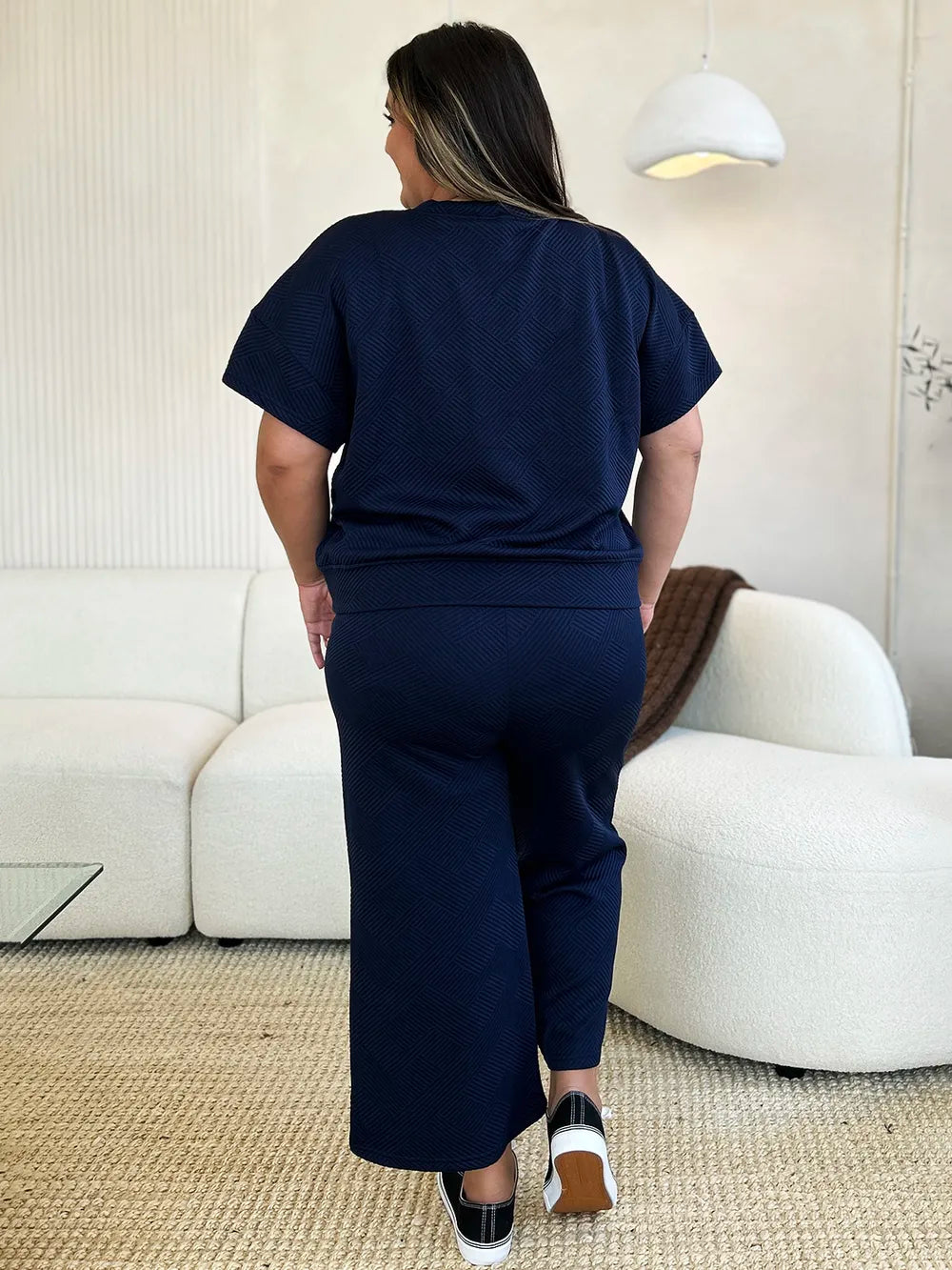 Double Take Full Size Texture Short Sleeve Top and Pants Set - Elvaré Store