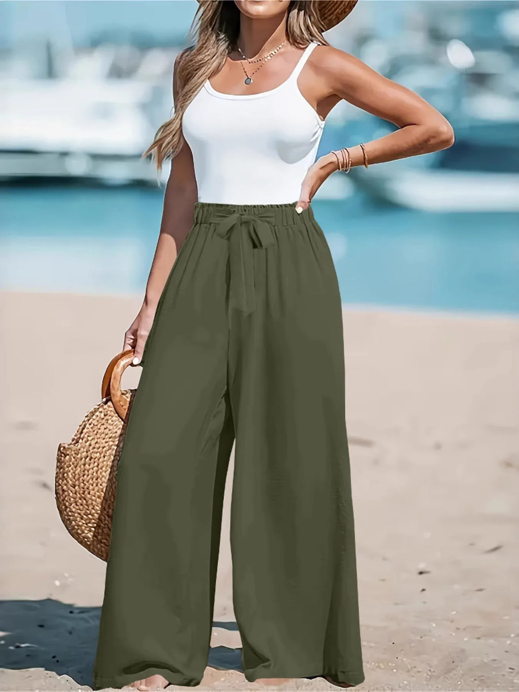 Full Size Drawstring Waist Wide Leg Pants Plus Size - Elvaré Store