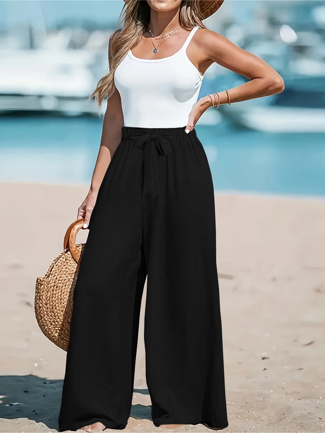 Full Size Drawstring Waist Wide Leg Pants Plus Size - Elvaré Store