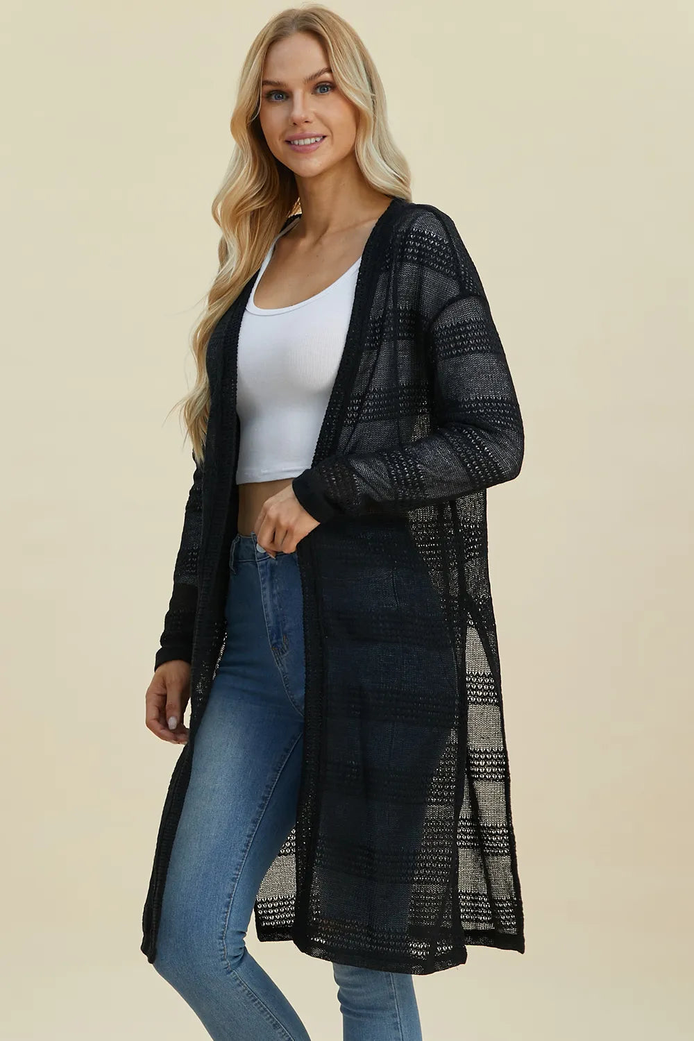 Double Take Full Size Open Front Longline Cardigan. - Elvaré Store