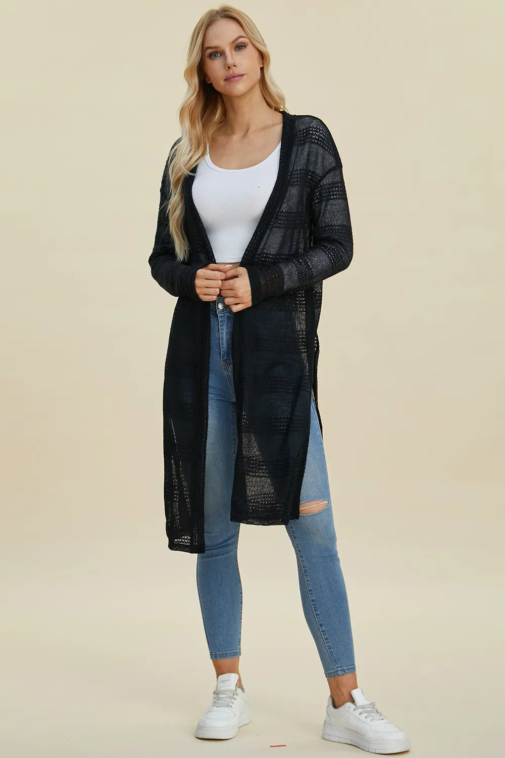 Double Take Full Size Open Front Longline Cardigan. - Elvaré Store