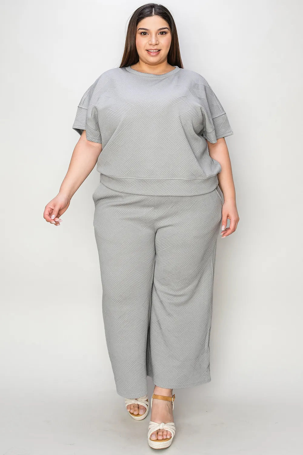 Double Take Full Size Texture Short Sleeve Top and Pants Set - Elvaré Store