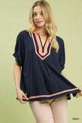 Umgee Linen Contrast Trim V-Neck Blouse - Elvaré Store